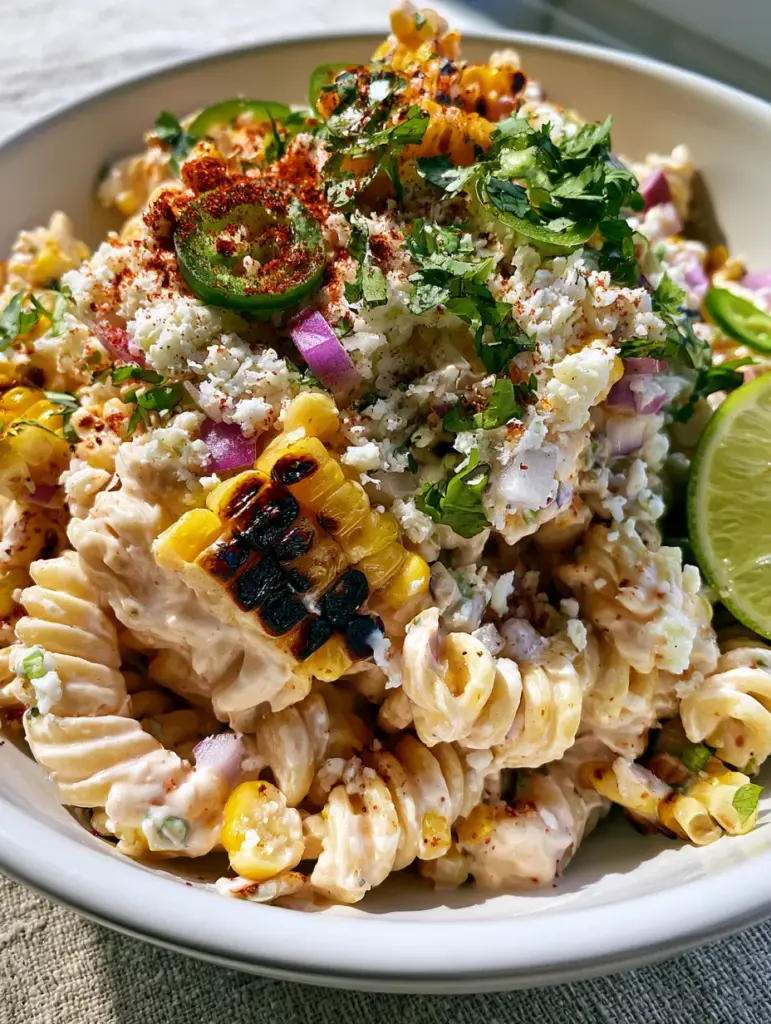 Shallow bowl of grilled corn elote pasta salad showing cotija cheese crumbles and Tajin dusting.