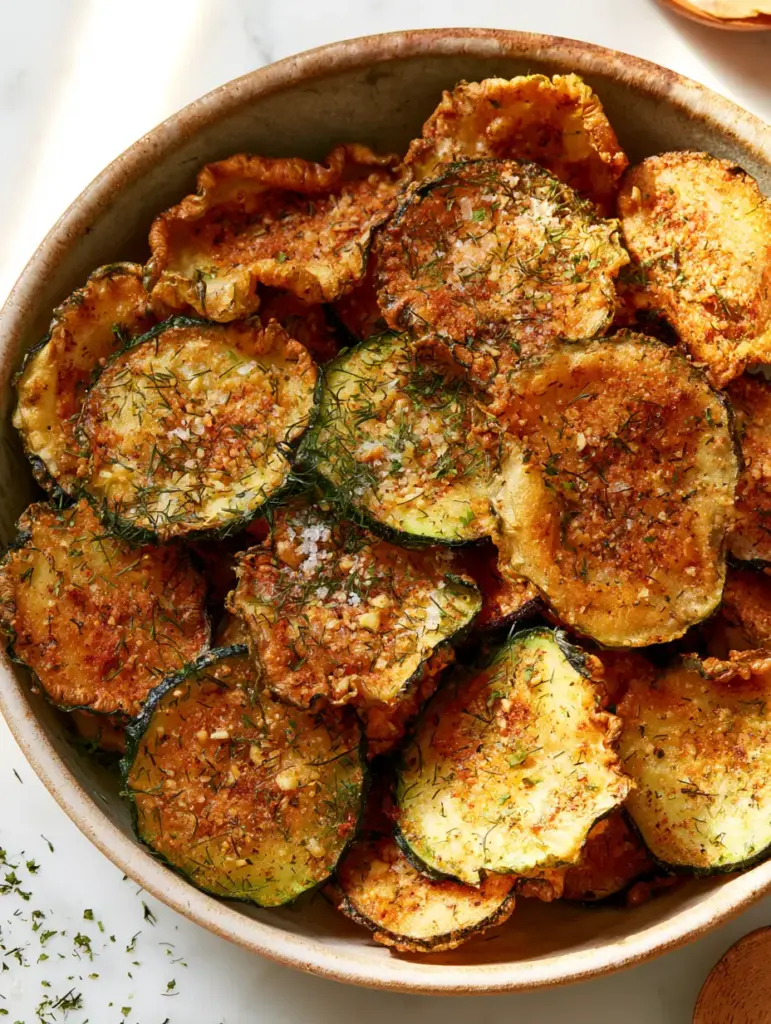 Close-up of Ranch Cucumber Chips showing the heavy coating of dill, garlic powder, and sea salt crystals on a marble countertop.