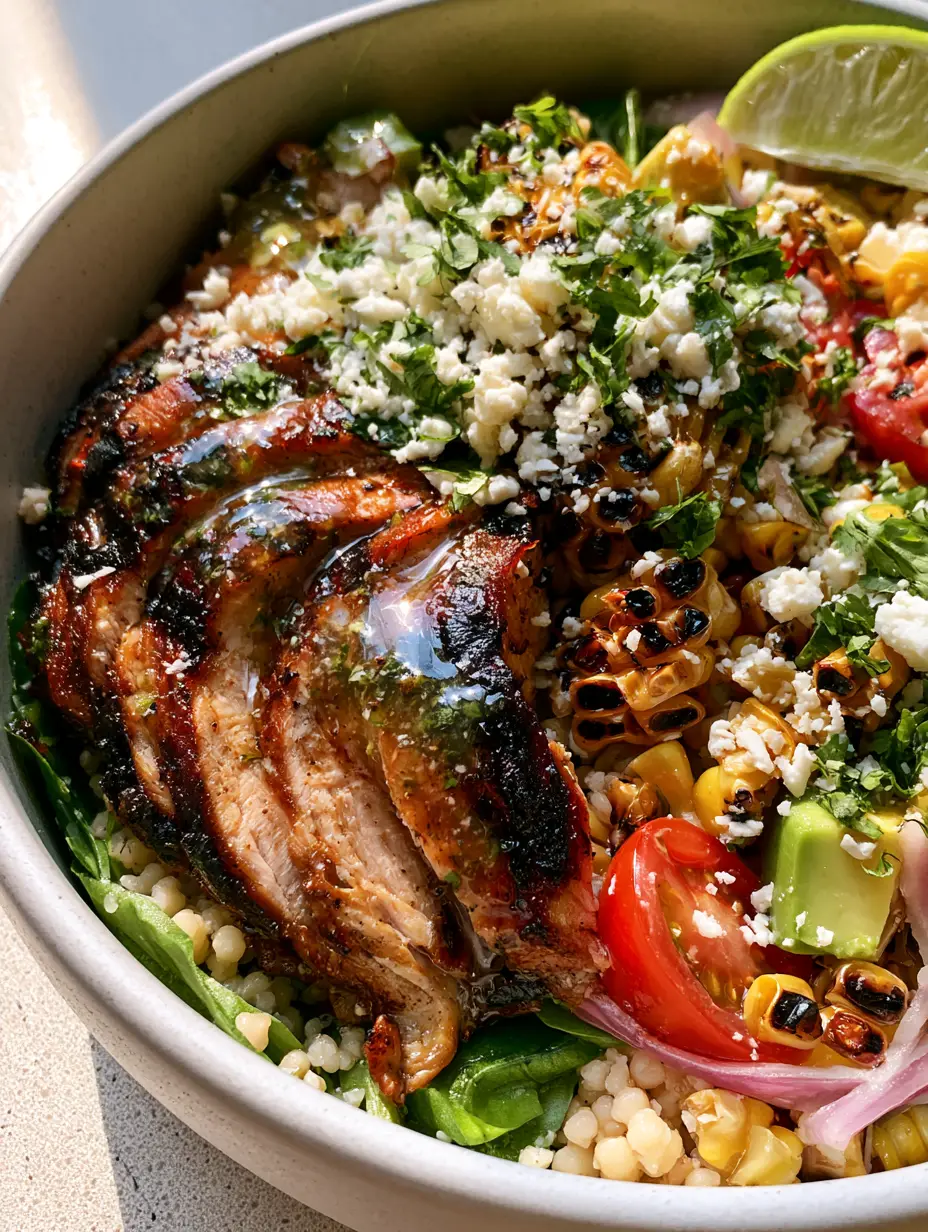 Extreme close-up of grilled chicken breast with dark caramelized grill marks in summer grilled chicken bowls.