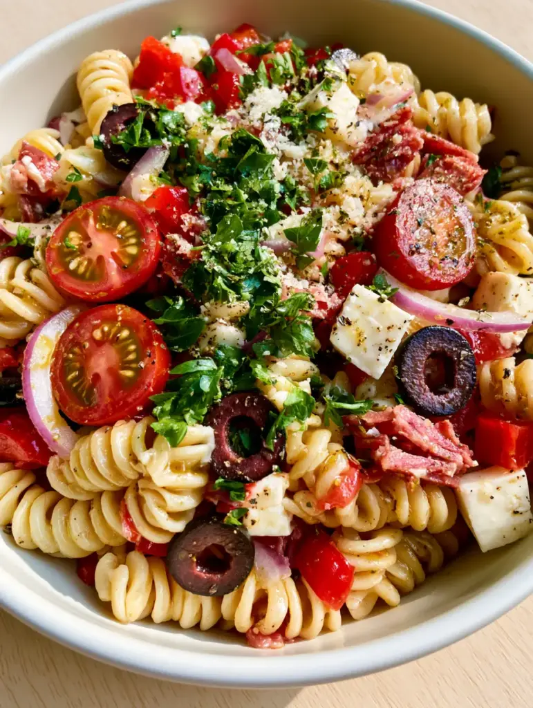 Vibrant Italian pasta salad with julienned salami, black olives, and mozzarella cubes in a white ceramic bowl.
