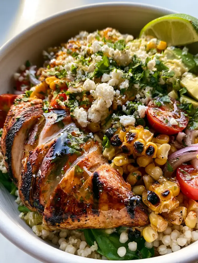 A matte white bowl filled with charred corn, avocado, feta, and cilantro for summer grilled chicken bowls.