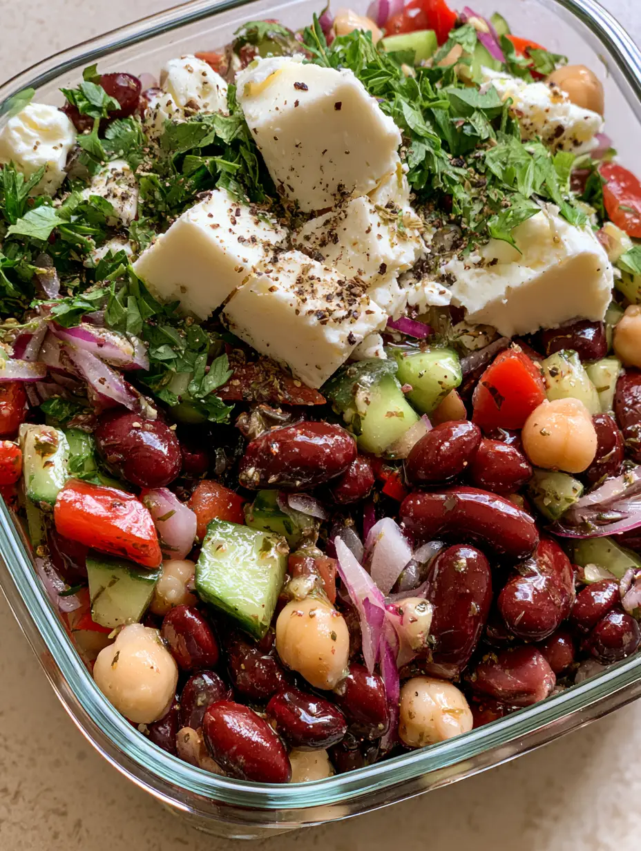 Protein-Packed Dense Bean Salad for Ultimate Meal Prep 3 Overhead view of a vibrant Protein-Packed Dense Bean Salad with glossy red kidney beans and ivory chickpeas.