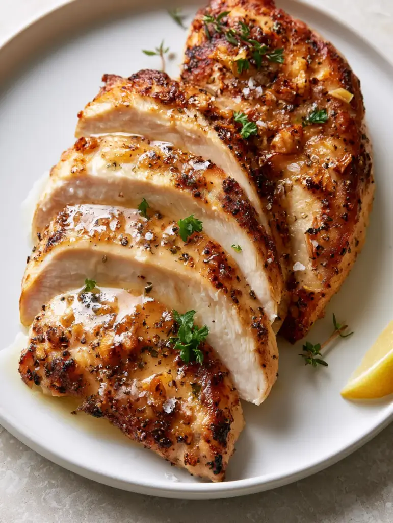 Chicken Breast for Salad: The Ultimate Juicy Pan-Seared Guide 1 Top-down view of a sliced chicken breast with toasted garlic bits and fresh thyme on a white ceramic plate.