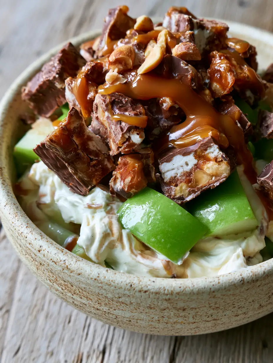 Snickers Caramel Apple Salad with Whipped Cream Cheese and Salted Caramel 3 High-angle close-up of Snickers caramel apple salad with visible roasted peanuts and neon-green apples. (Snickers caramel apple salad)