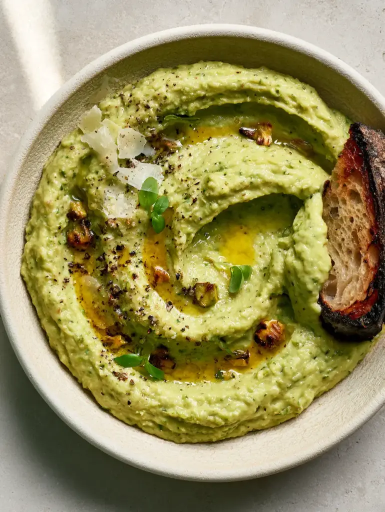 Close-up of charred sourdough bread partially submerged in a thick roasted zucchini dip.