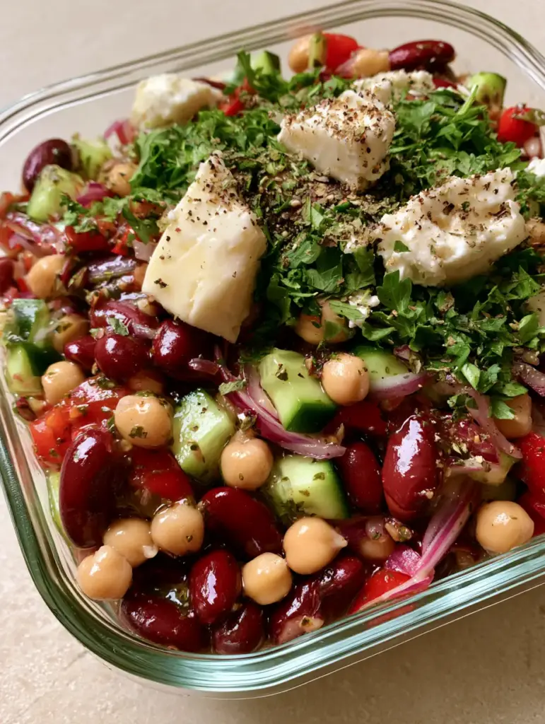 Protein-Packed Dense Bean Salad for Ultimate Meal Prep 1 Macro shot of a Protein-Packed Dense Bean Salad showing the thick herb-flecked vinaigrette and feta cheese.