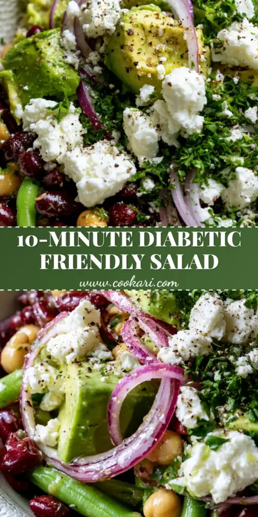 Vertical overhead shot of a Three-bean diabetic-friendly salad with kidney beans, chickpeas, and avocado in a white bowl.