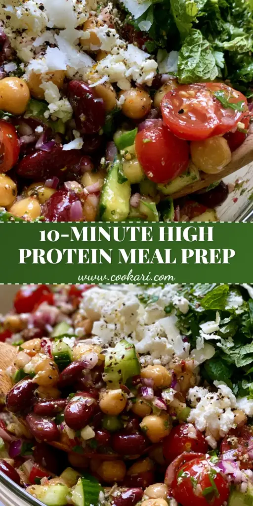 High Protein Dense Bean Salad: The Ultimate Mediterranean Meal Prep 4 A large clear glass bowl showing a High Protein Dense Bean Salad with glossy chickpeas, kidney beans, and fresh herbs.