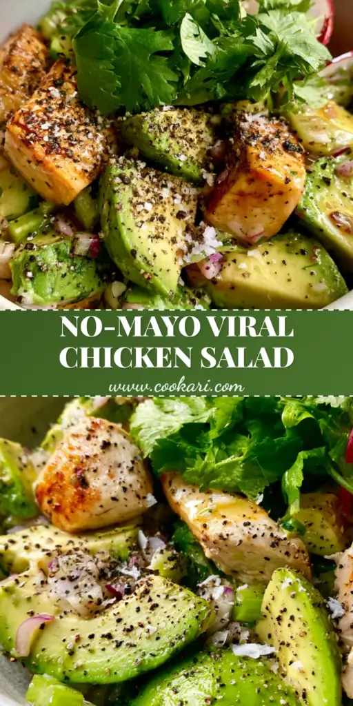 A premium avocado chicken salad featuring golden-seared chicken, thick avocado wedges, and red radish slices in a white ceramic bowl.