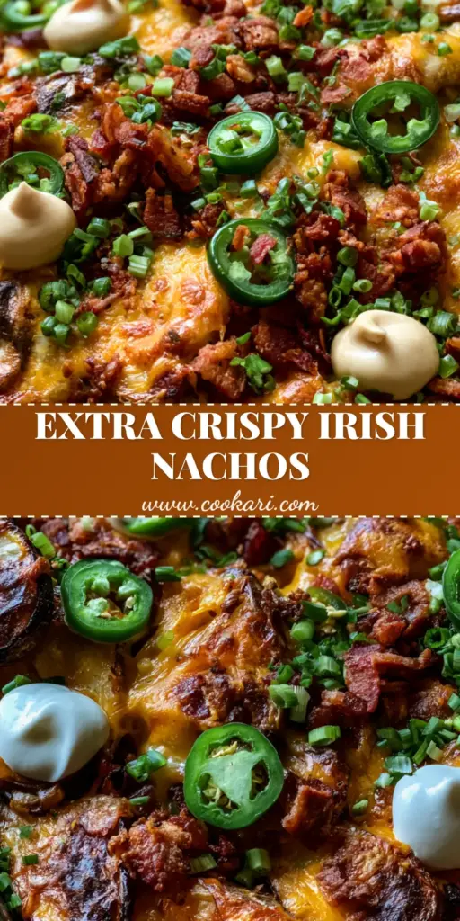 A close-up overhead shot of crispy potato nachos on a metal sheet pan with bubbling cheese and fresh jalapeños.
