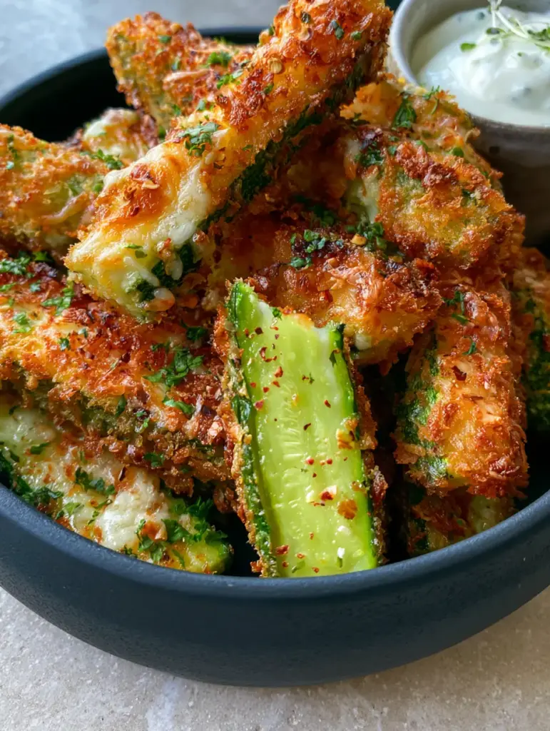 A broken zucchini fry showing the firm green interior and thick panko coating.