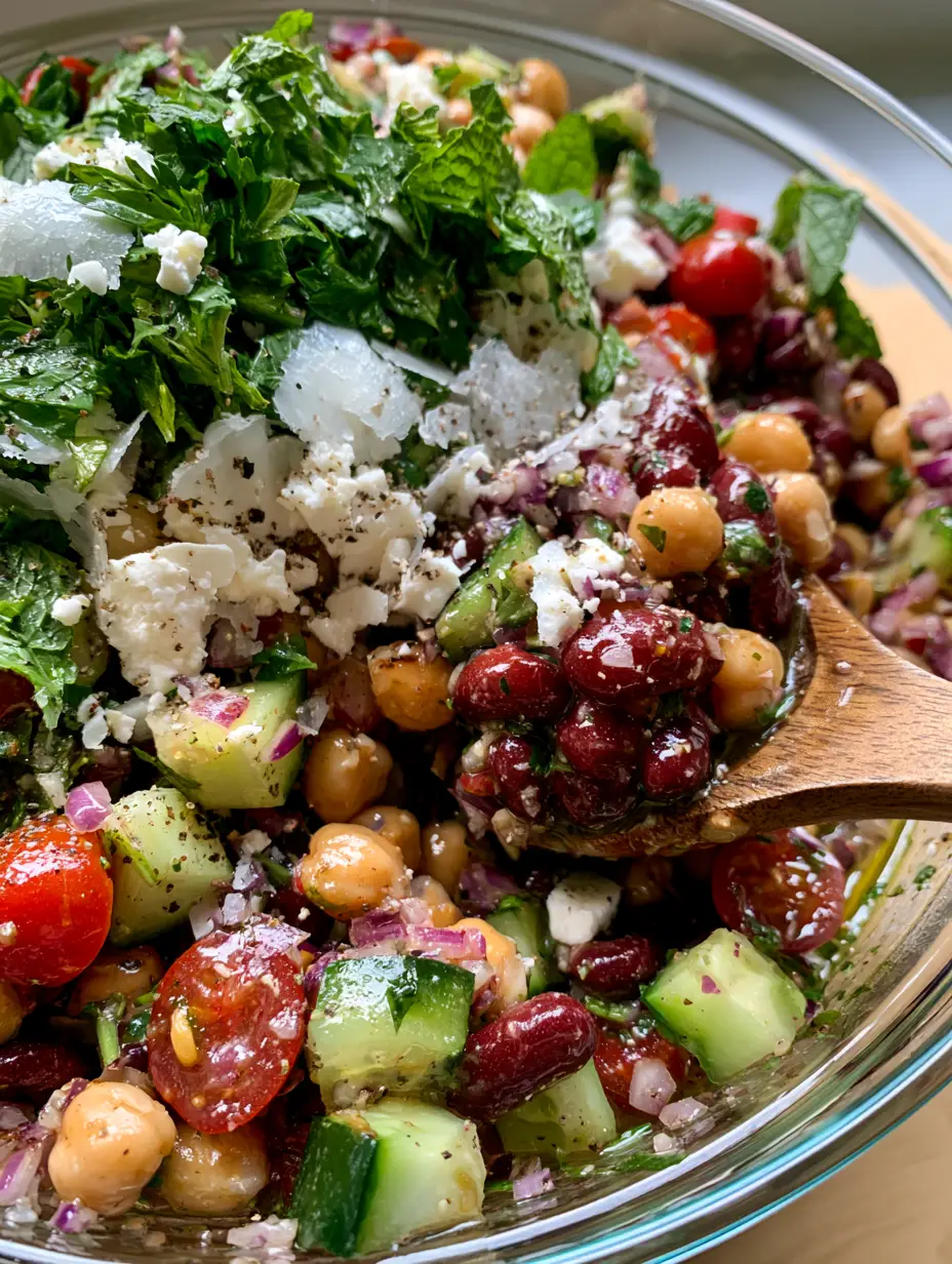 High Protein Dense Bean Salad: The Ultimate Mediterranean Meal Prep 3 Handheld smartphone photo at 45-degree angle of High Protein Dense Bean Salad with vibrant red kidney beans and diced cucumbers.