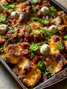 Close-up of potato nachos showing extra crispy roasted potato rounds and melted cheddar cheese.