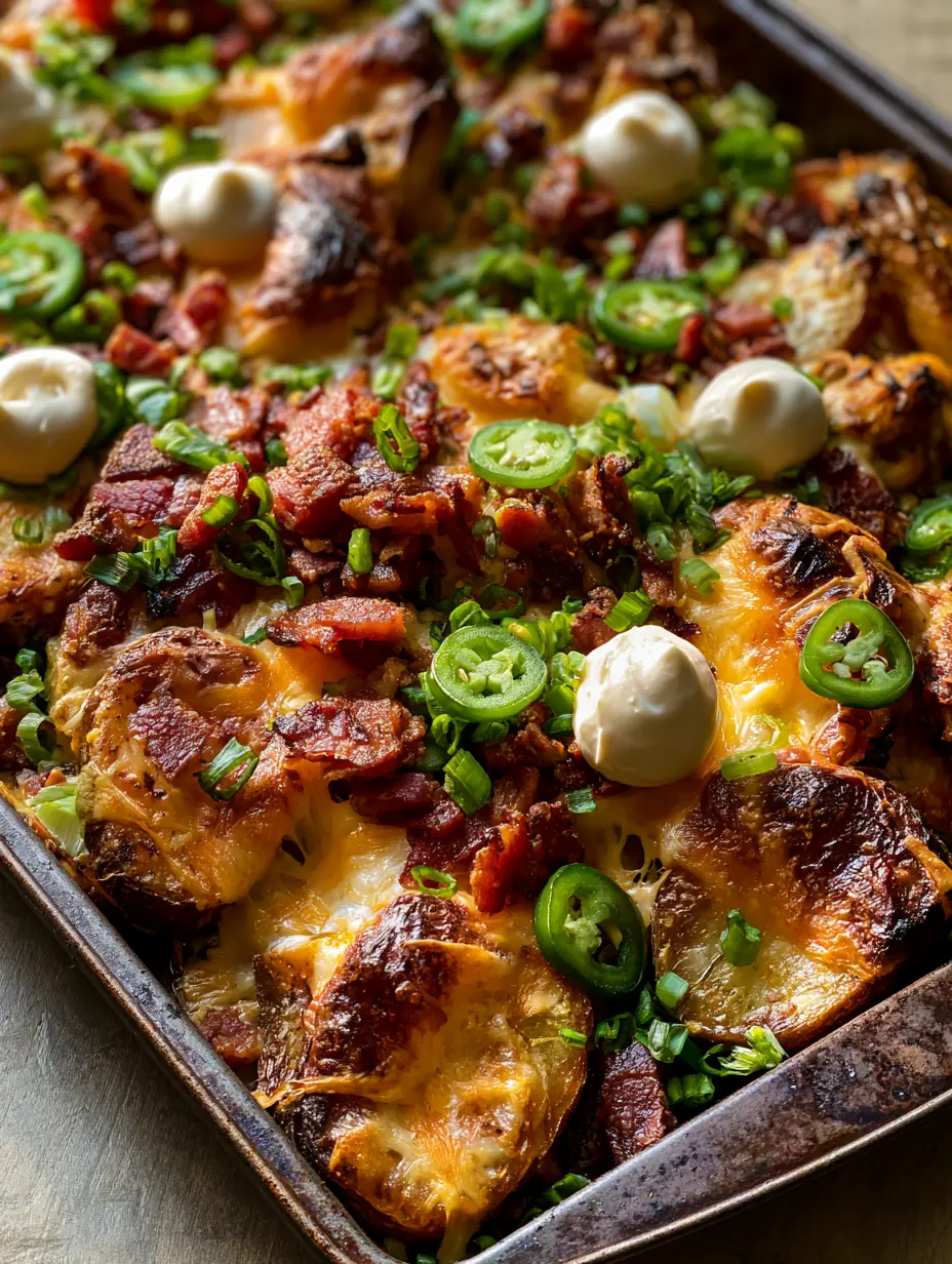 Close-up of potato nachos showing extra crispy roasted potato rounds and melted cheddar cheese.