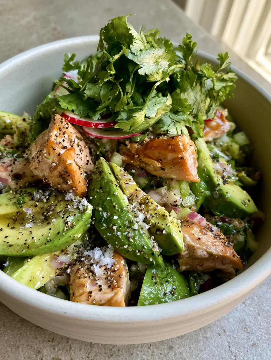 Overhead shot of seared chicken breast chunks and ripe avocado wedges garnished with cilantro and black pepper. (avocado chicken salad)