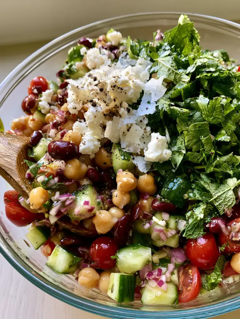 High Protein Dense Bean Salad: The Ultimate Mediterranean Meal Prep 1 High Protein Dense Bean Salad in a clear glass bowl topped with massive amounts of fresh parsley and mint.