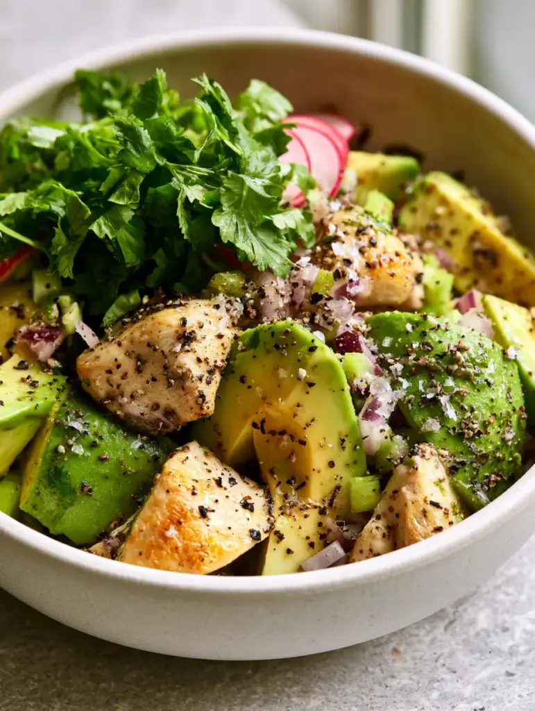 Close-up of lime juice glaze and flaky sea salt on a fresh avocado chicken salad with red radish garnish.