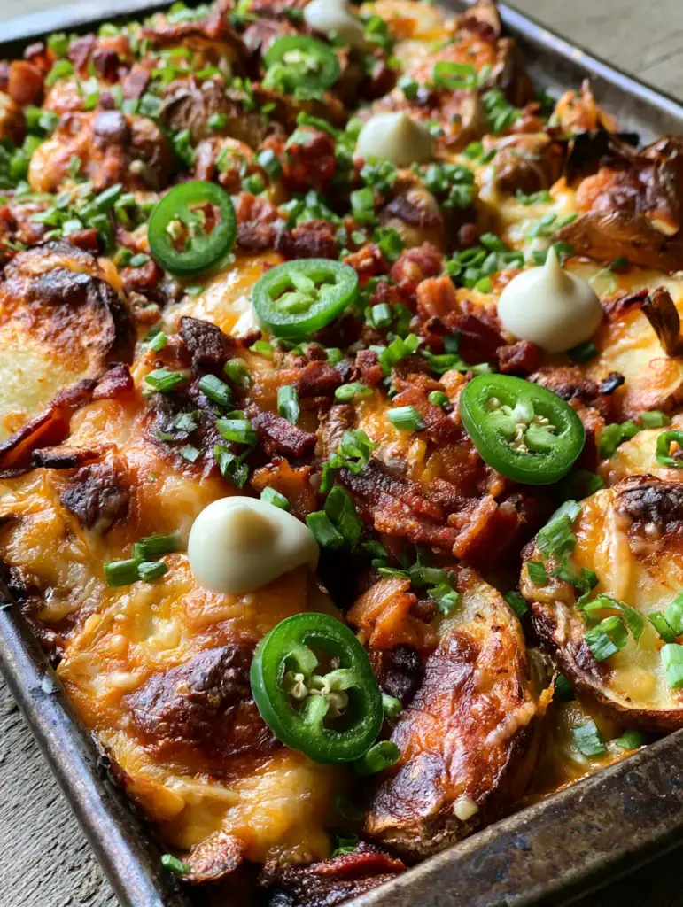 Sheet pan of potato nachos topped with bacon, jalapeños, scallions, and sour cream.