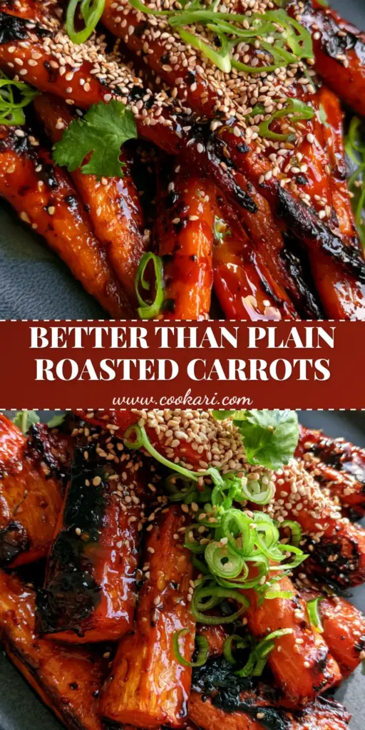 A pile of whole roasted heritage carrots with green tops, drenched in a glossy ruby-red gochujang glaze on a charcoal plate. (gochujang roasted carrots)