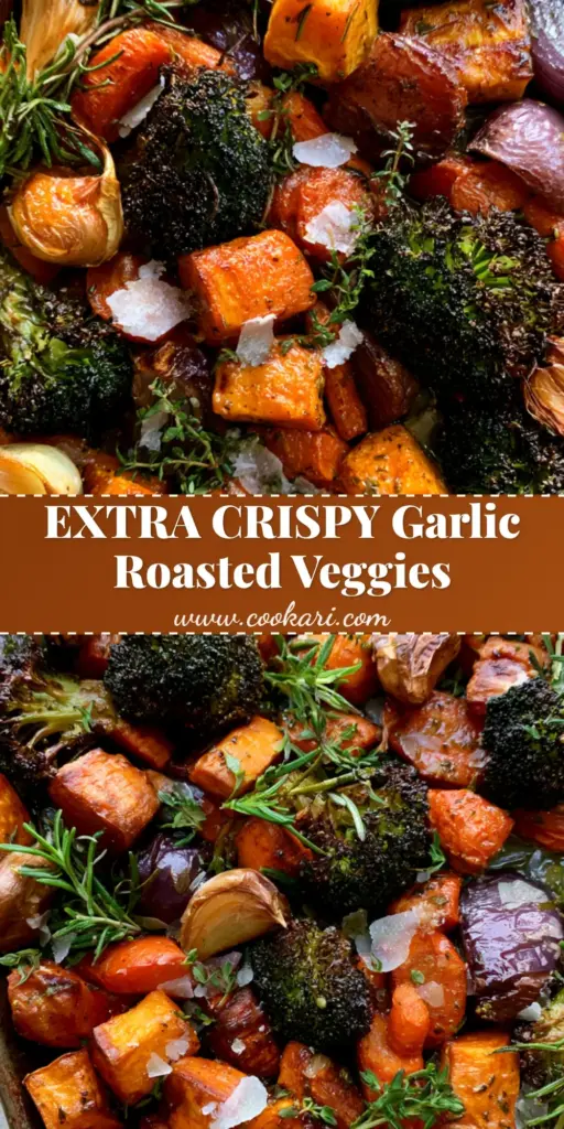 A rustic dark sheet pan filled with garlic roasted vegetables including charred broccoli, sweet potatoes, and whole roasted garlic cloves.