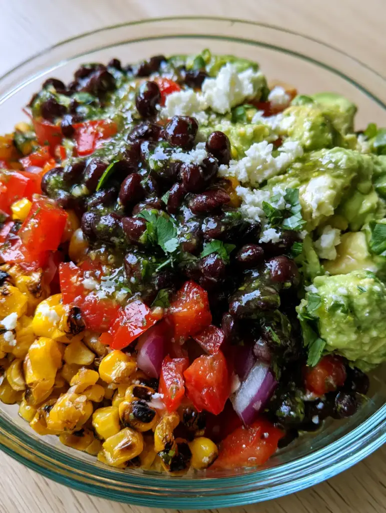 A smartphone photo of Loaded Cowboy Salad in glass meal prep containers on an oak wood table.