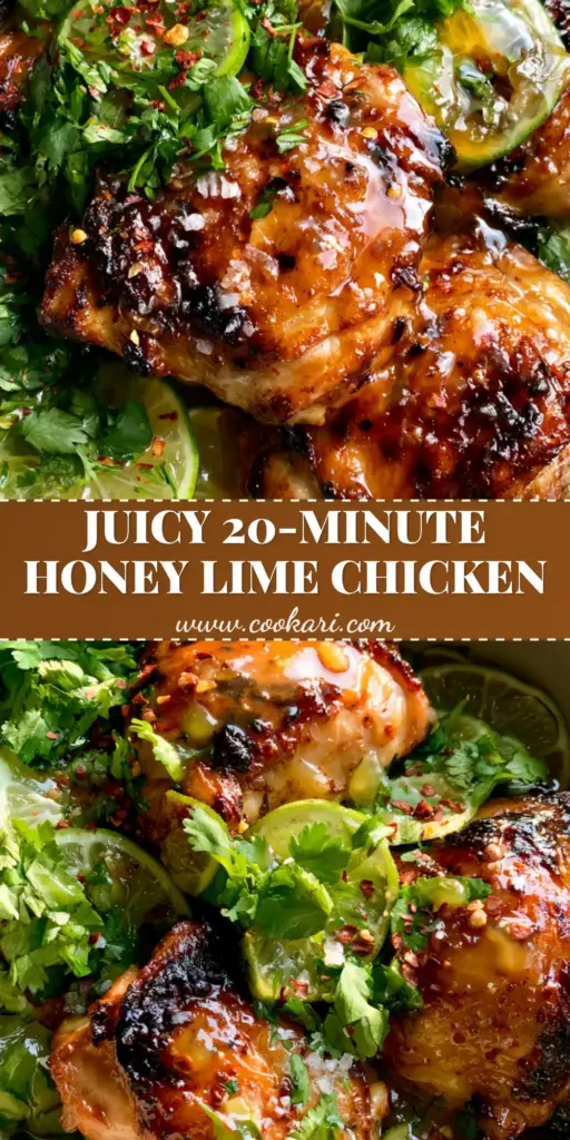 A high-angle photo of a honey lime chicken recipe featuring succulent thighs in a thick amber glaze with lime slices and cilantro.