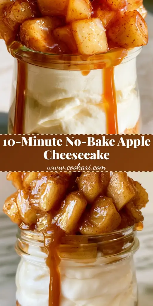 A vertical handheld photo of a glass parfait jar with layers of graham cracker crust, white cream cheese mousse, and glistening amber spiced apples, topped with whipped cream and mint. (apple pie cheesecake parfaits)