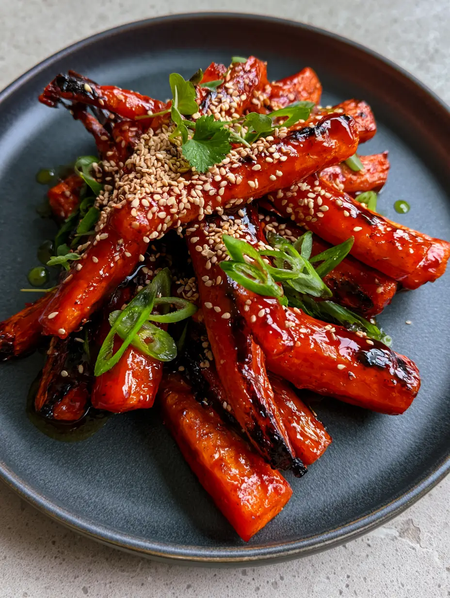 Close up shot of blistered and charred gochujang roasted carrots with thick honey glaze and fresh scallions. (gochujang roasted carrots)