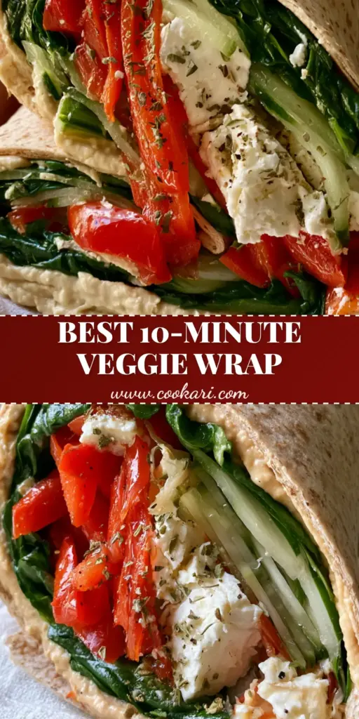 Mediterranean Veggie Wrap with Creamy Hummus and Feta 4 A thick, diagonally sliced mediterranean veggie wrap held by a hand, showing layers of spinach, red peppers, and hummus. (mediterranean veggie wrap)