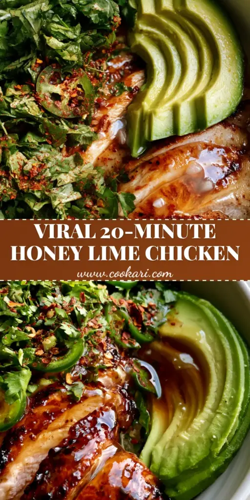 Honey Lime Chicken Avocado: The Ultimate 20-Minute Pan-Seared Dinner 4 A vertical shot of Honey Lime Chicken Avocado featuring seared chicken slices and green avocado in a white bowl.