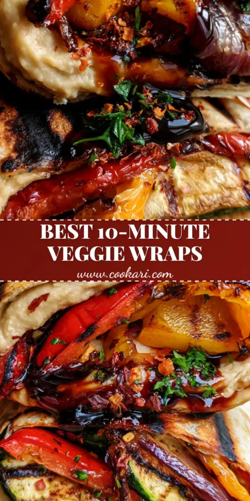 Grilled Veggie Wrap with Hummus and Blistered Balsamic Peppers 3 A stacked grilled veggie wrap cut in half showing charred peppers, zucchini, and hummus. (grilled veggie wrap)