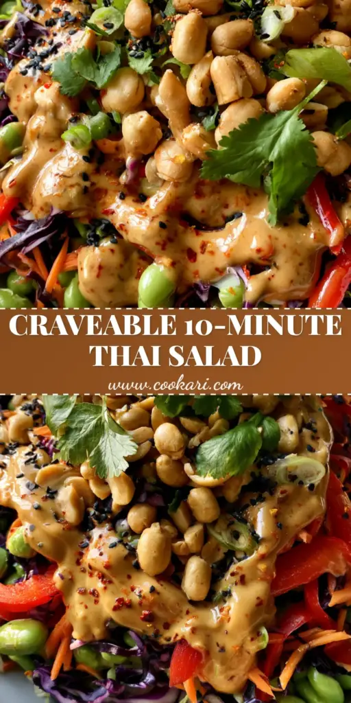 Overhead close-up of a vibrant Thai Peanut Salad in a white bowl featuring purple cabbage, edamame, and glossy peanut dressing.
