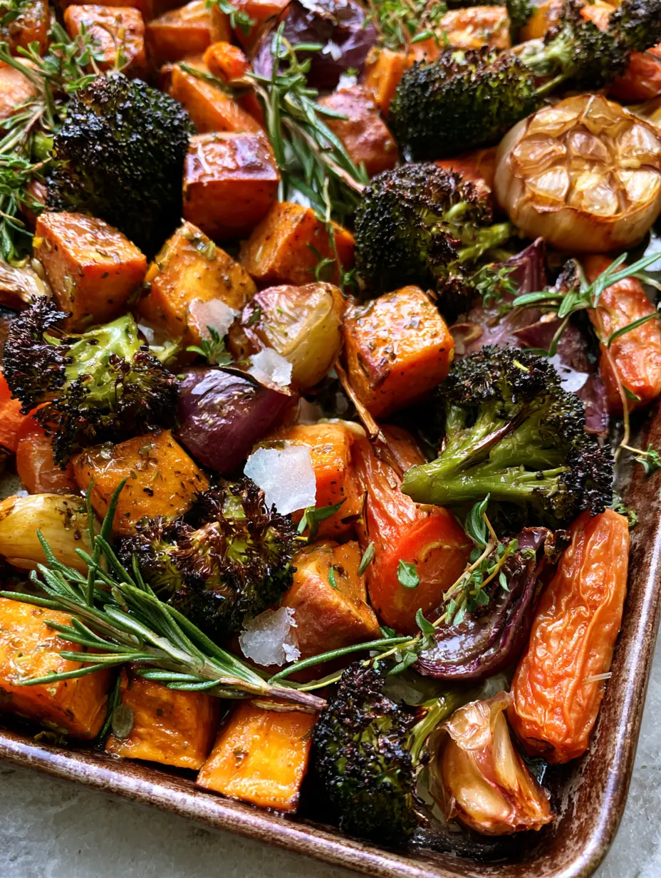 Top-down view of garlic roasted vegetables showing caramelized sweet potato cubes and heavily charred broccoli tips.