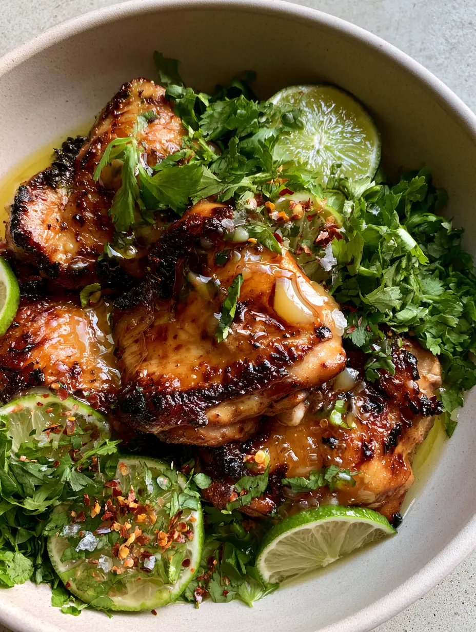 Close up shot of charred chicken skin with thick honey-lime glaze and red pepper flakes. (honey lime chicken recipe)