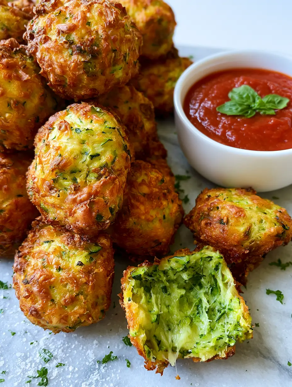 Extreme close-up of golden-brown Zucchini balls on a grey marble surface showing a rugged crust and herb-filled center.