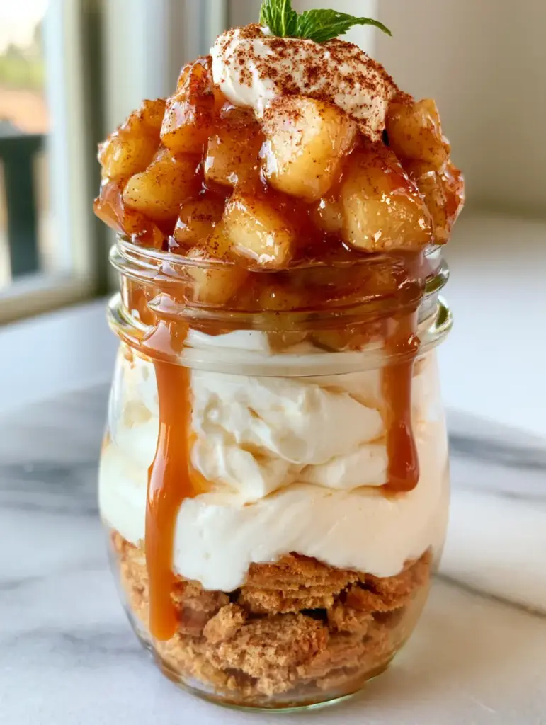 Extreme food detail of a glass jar filled with voluminous white mousse and chunky diced apples in a translucent glaze. (apple pie cheesecake parfaits)