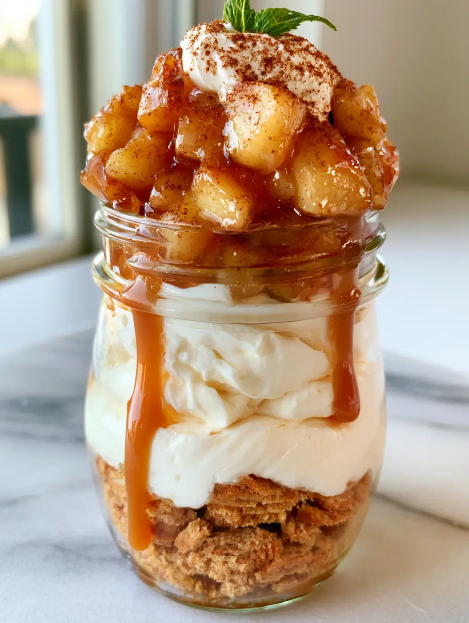 Extreme food detail of a glass jar filled with voluminous white mousse and chunky diced apples in a translucent glaze. (apple pie cheesecake parfaits)