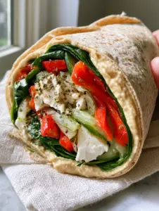 Handheld photo of a mediterranean veggie wrap with vibrant red peppers and green spinach layers. (mediterranean veggie wrap)