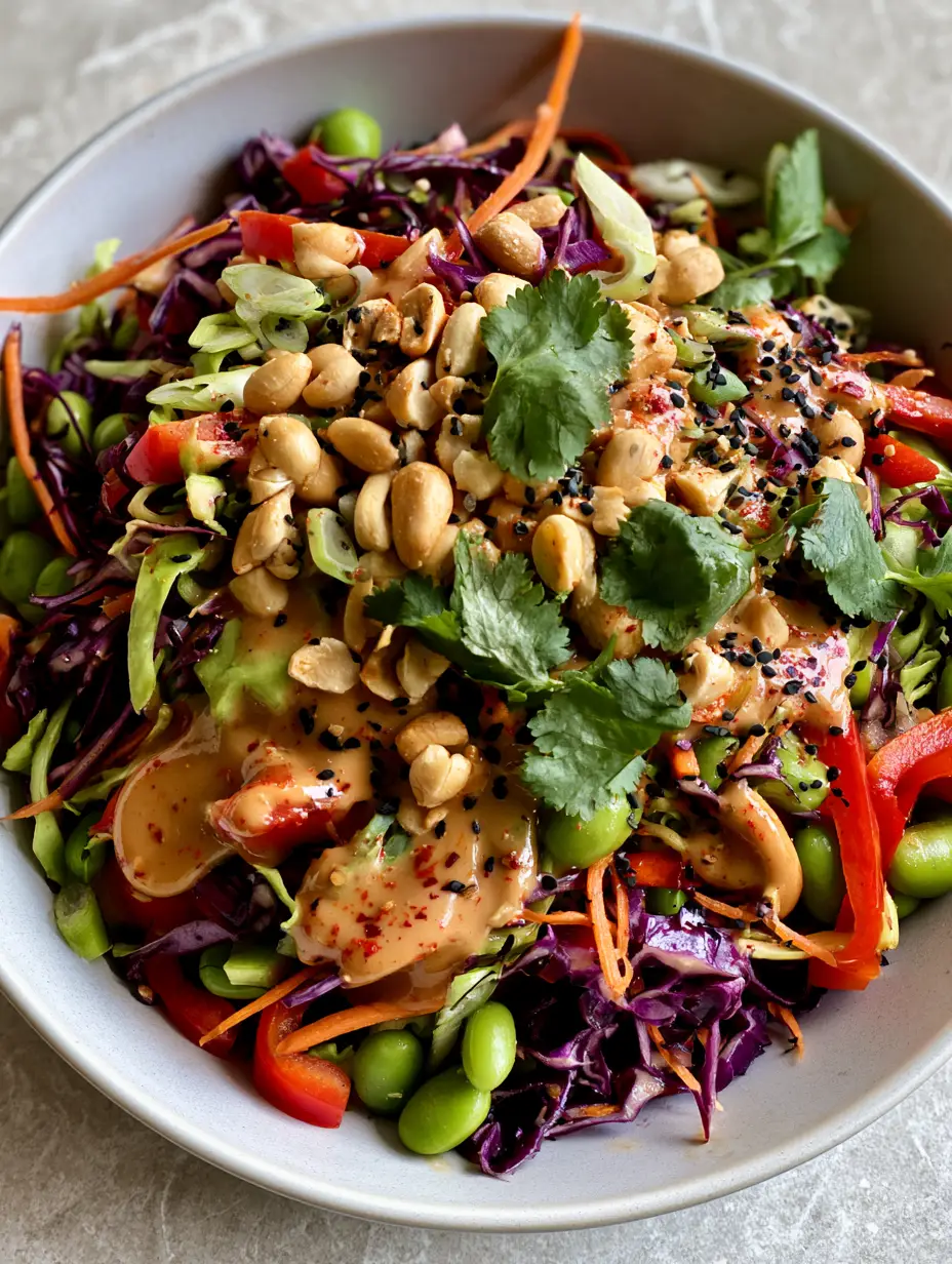 Close-up smartphone photo of Thai Peanut Salad with shredded carrots, red bell peppers, and whole roasted peanuts.