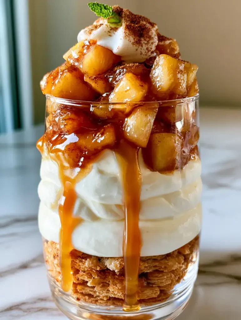 A side view of the parfait jar showing a thick ribbon of salted caramel dripping down the glass through layers of dessert.