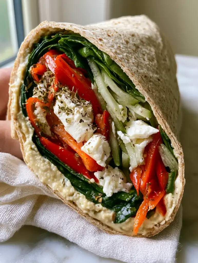 Mediterranean Veggie Wrap with Creamy Hummus and Feta 1 Top-down view of a sliced mediterranean veggie wrap on a rustic linen napkin.