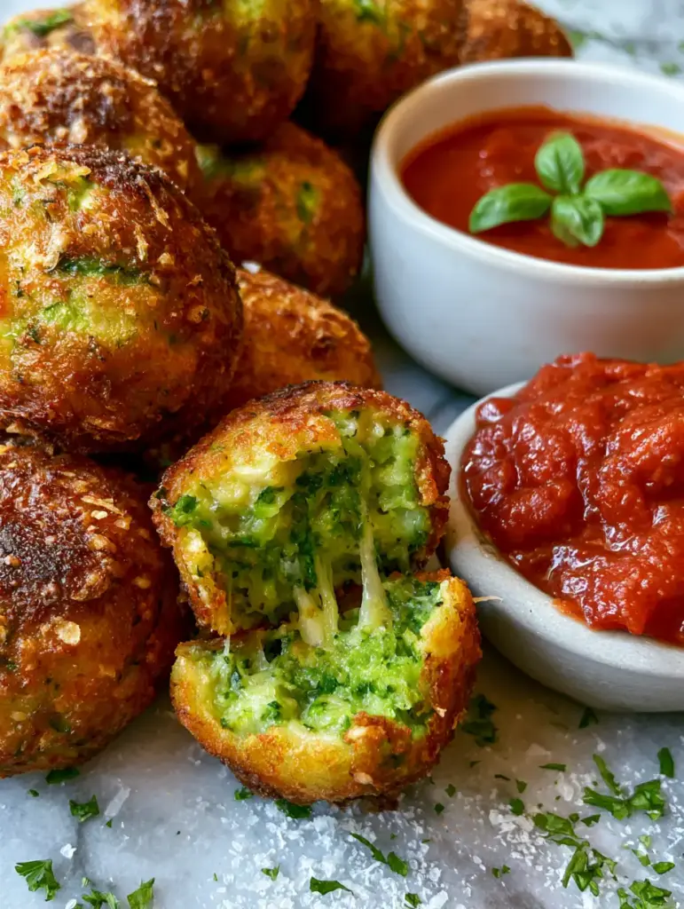 Broken zucchini ball revealing a steaming green interior and melted mozzarella cheese strings next to marinara sauce.