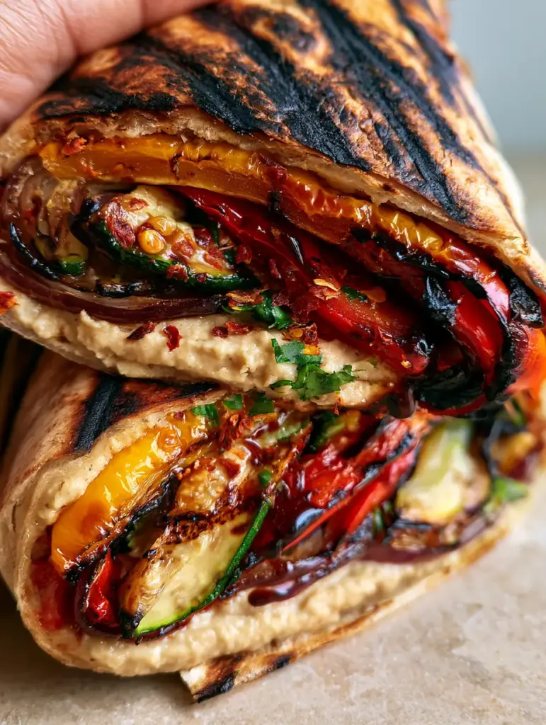 Grilled Veggie Wrap with Hummus and Blistered Balsamic Peppers 1 A close up of a grilled veggie wrap filled with balsamic glaze, blistered peppers, and parsley.
