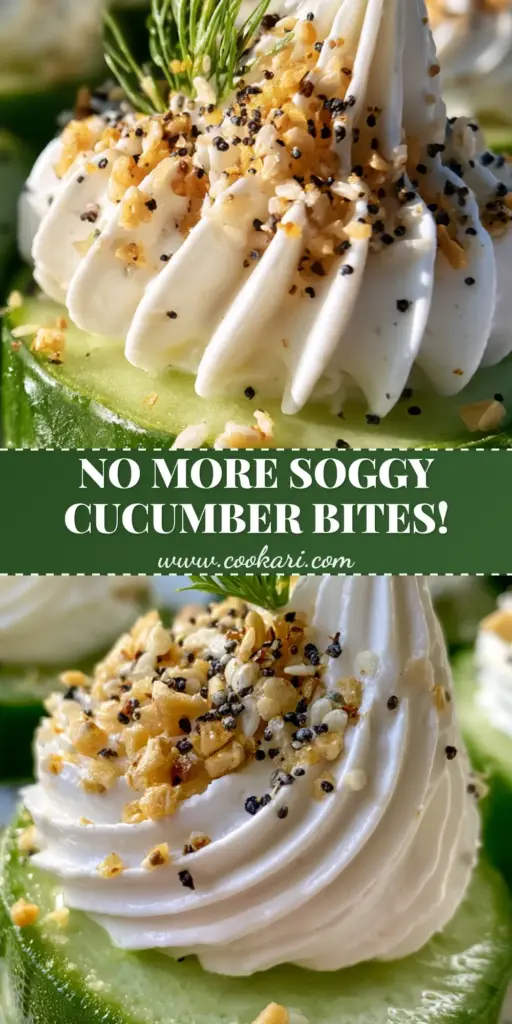 cucumber sandwich bites with Everything Bagel Seasoning 3 A vertical photo showing a perfectly assembled cucumber sandwich bite with a tall cream cheese swirl and fresh dill sprig.