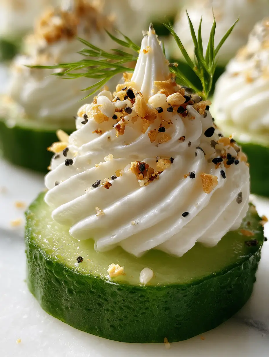 cucumber sandwich bites with Everything Bagel Seasoning 4 Extreme close-up of a cucumber sandwich bite featuring a thick cucumber base and stiff whipped cream cheese with sharp ridges.