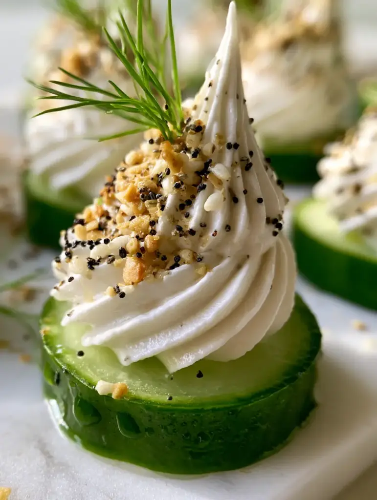 cucumber sandwich bites with Everything Bagel Seasoning 1 Detailed view of cucumber sandwich bites garnished with everything bagel seasoning and fresh green dill.