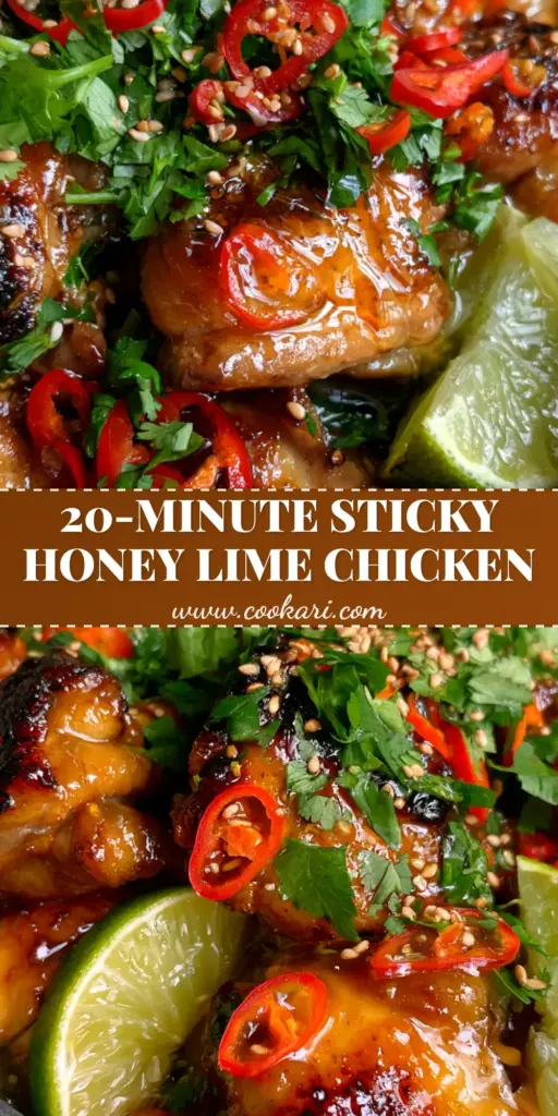 Spicy Honey-Lime Chicken with a Sticky Amber Glaze 3 A tall vertical shot of Spicy Honey-Lime Chicken garnished with red bird-eye chilies, fresh cilantro, and toasted sesame seeds in a dark bowl.