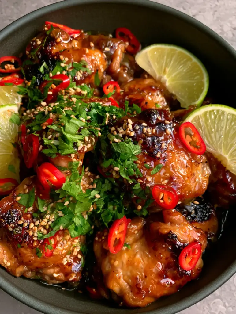 Spicy Honey-Lime Chicken with a Sticky Amber Glaze 2 Extreme macro close-up of seared Spicy Honey-Lime Chicken thighs with a glistening, sticky translucent amber glaze and charred edges.