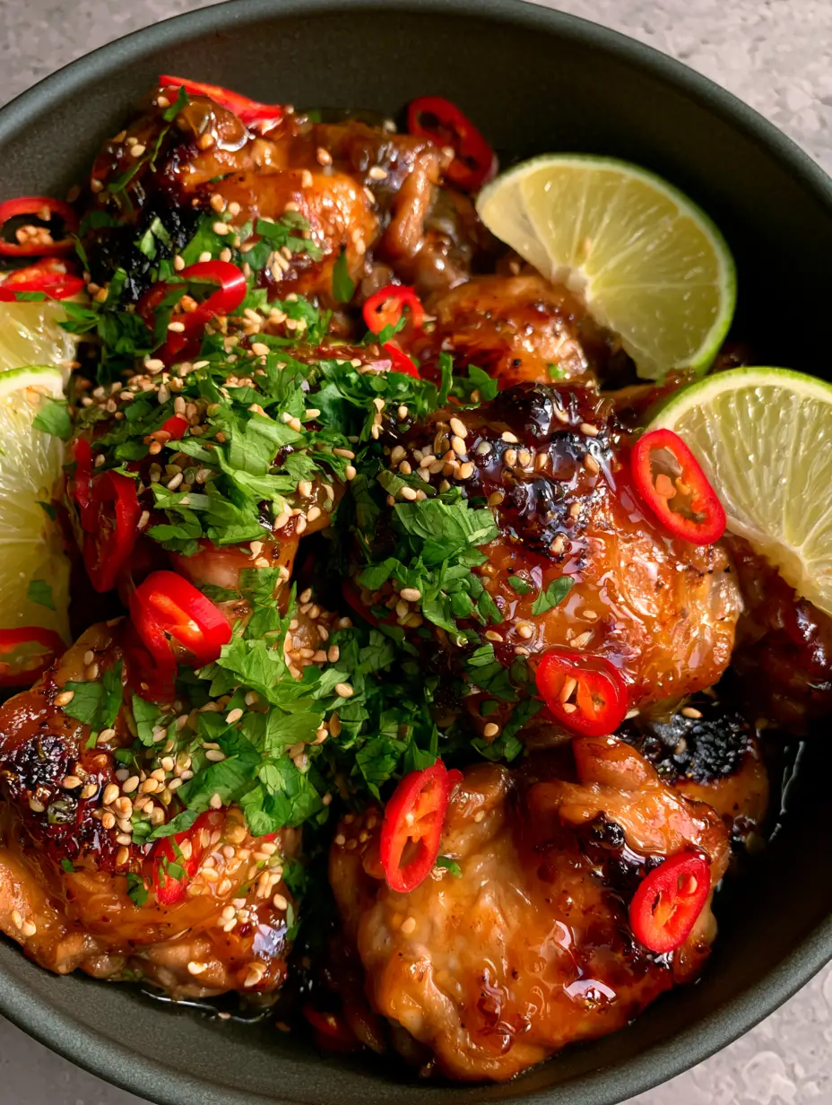 Spicy Honey-Lime Chicken with a Sticky Amber Glaze 4 Extreme macro close-up of seared Spicy Honey-Lime Chicken thighs with a glistening, sticky translucent amber glaze and charred edges.