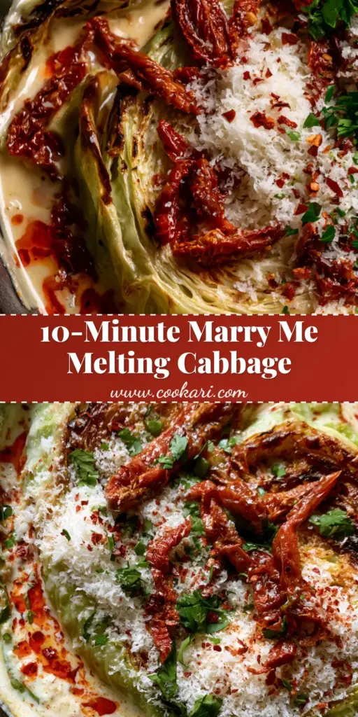 A close-up of Marry Me Melting Cabbage wedges with charred edges in a thick parmesan cream sauce topped with sun-dried tomatoes and parsley.